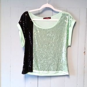 New Years Eve or Holiday Party Top.Almost Famous mint green and black sequin top
